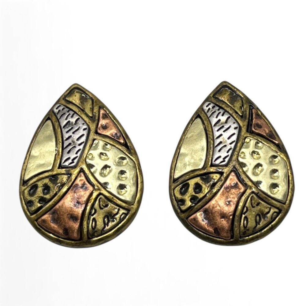 Color Block Teardrop Earrings Mixed Metal Copper Silver Gold Tone Hammered Patch